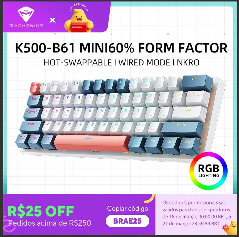 Teclado Mecânico Mini Machenike K500-B61 60% Formato com 61 Teclas, Teclado Gamer com Fio, Teclas Completas, Hot-Swappable e Retroiluminação RGB.