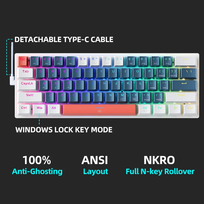 Teclado Mecânico Mini Machenike K500-B61 60% Formato com 61 Teclas, Teclado Gamer com Fio, Teclas Completas, Hot-Swappable e Retroiluminação RGB.