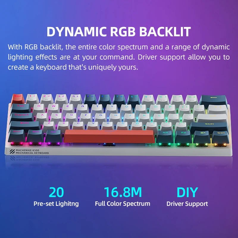 Teclado Mecânico Mini Machenike K500-B61 60% Formato com 61 Teclas, Teclado Gamer com Fio, Teclas Completas, Hot-Swappable e Retroiluminação RGB.